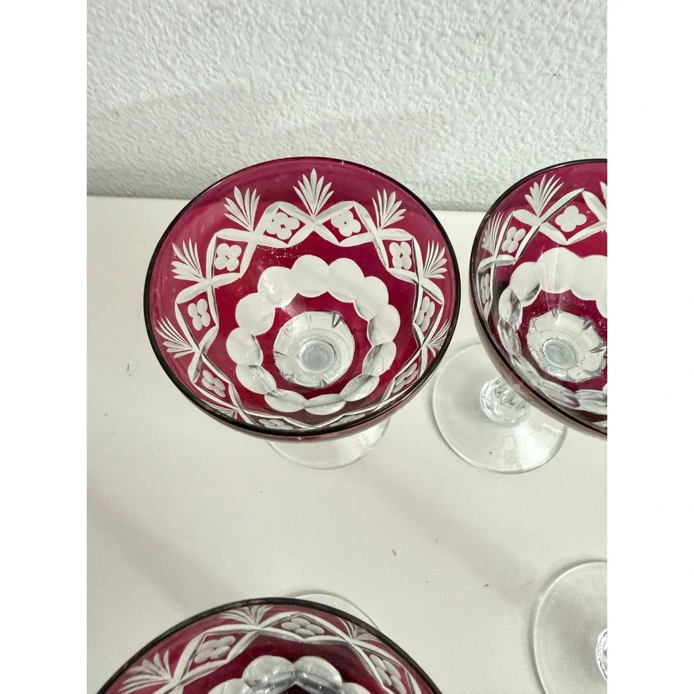 Vintage Cranberry Cut to Clear Crystal Cordial Glasses Set of 5 Ruby Red Floral